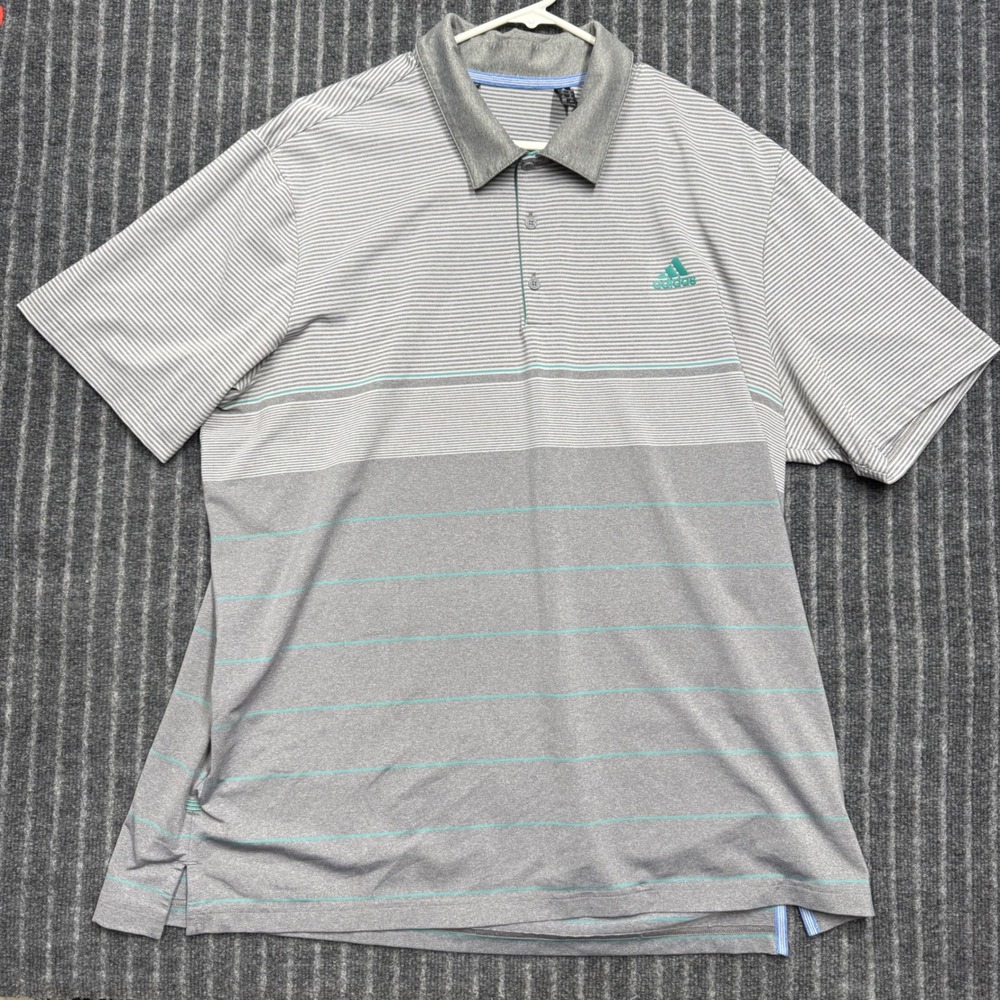 Adidas Mens Polo Shirt 2XL Gray Striped Short Sleeve Golf Performance Activewear